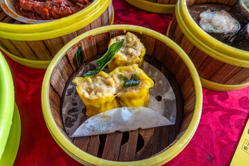 Steamer basket containing siomai, served as part of dim sum and popular in south-eastern Asia, at a restaurant in George Town, Penang, Malaysia.
