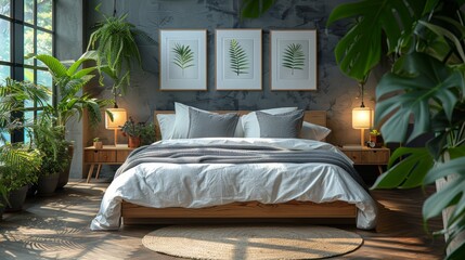 atterned blanket on wooden bed in grey bedroom interior with plants and posters