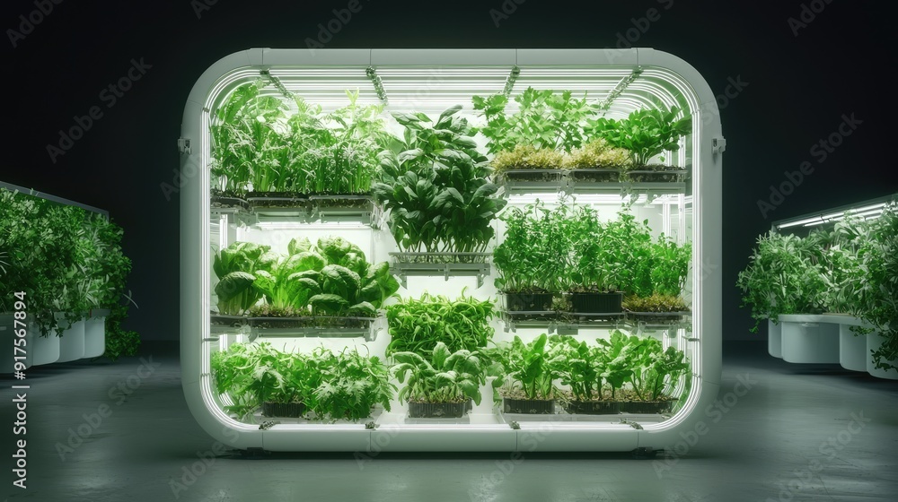 Poster modern vertical farming system with led lights and automated nutrient delivery, generative ai