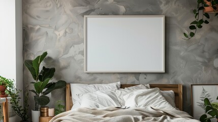 atterned blanket on wooden bed in grey bedroom interior with plants and posters