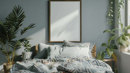 atterned blanket on wooden bed in grey bedroom interior with plants and posters