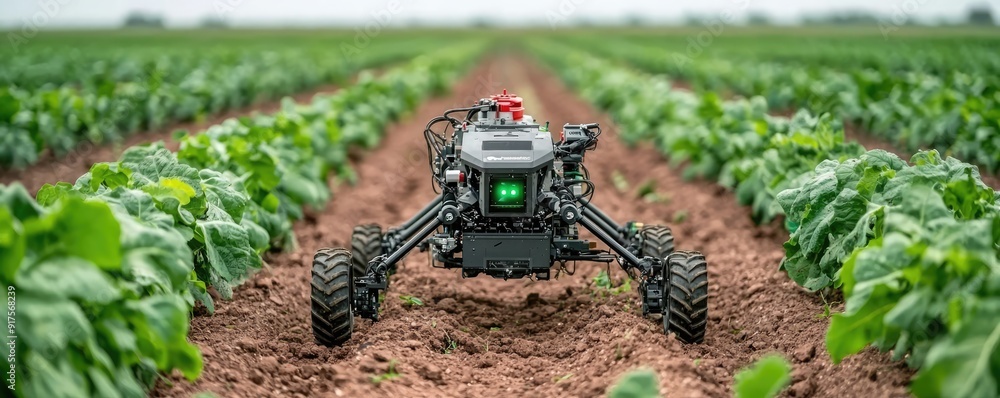 Aufkleber precision agriculture: autonomous weeding robot clearing weeds in crop rows, generative ai