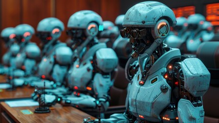 Fototapeta premium A Row of Futuristic Robots in a Room