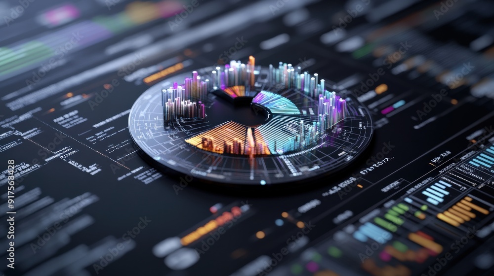 Poster pie chart on a digital screen, representing business data analysis and reports 3d financial