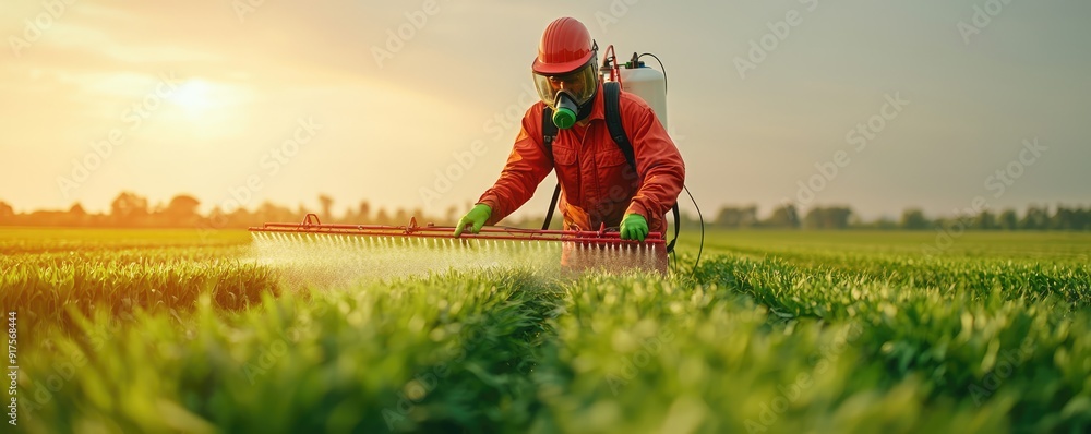 Aufkleber precision agriculture: farmer using smart sprayer with variable rate technology for fertilizer appli