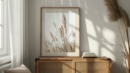 Picture frame on a cabinet with Scandinavian home interior