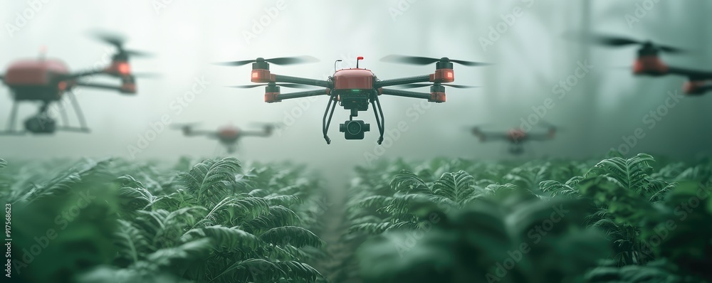 Poster futuristic autonomous planting drones seeding farm fields with precision, generative ai