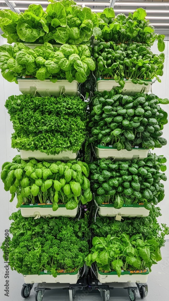 Poster innovative solar-powered vertical farming in urban setting with mobile app monitoring, generative ai