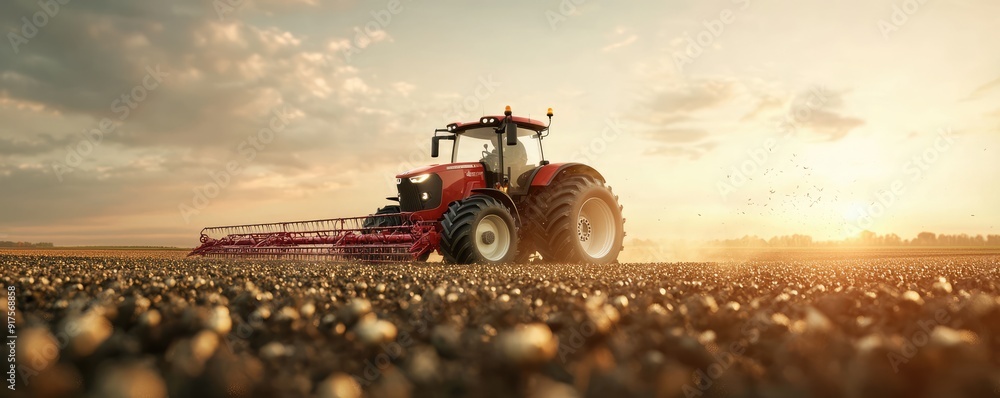 Poster futuristic solar-powered farm machinery with gps navigation system in action, generative ai