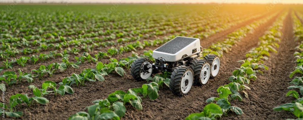 Aufkleber futuristic solar-powered farm machinery with gps navigation operating autonomously in field, generat