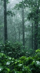 Fototapeta premium A forest is shown in the rain, with trees and bushes dripping water
