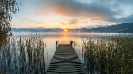 Obraz premium Sunrise Over Misty Lake with Wooden Dock