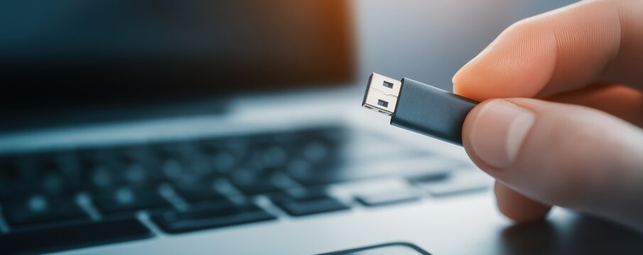 Close-up of a hacker's hand holding a USB stick near a laptop, [Intrusion], [Digital Security]
