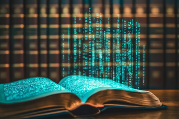 law book transforming into a digital screen, binary code streaming from it, law, evolution of legal literature