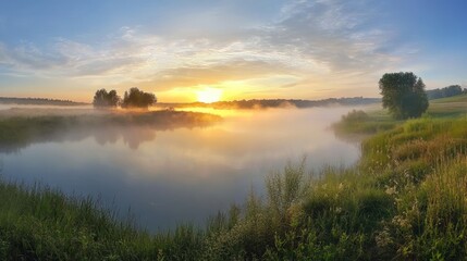 Obraz premium Misty Sunrise Over a Tranquil Lake