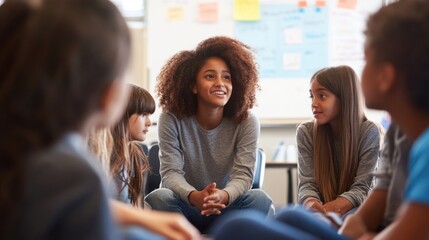 Group of young people sitting in a circle in a classroom