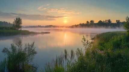 Fototapeta premium Serene Sunrise Over a Foggy Lake