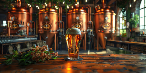 A modern brewery with copper tanks and pipes, in the foreground a bar with a large glass of beer in the middle of the frame.generative ai