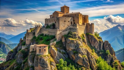 Obraz premium Medieval fortress perched on rugged mountain terrain with impossible access, medieval, fortress, mountain