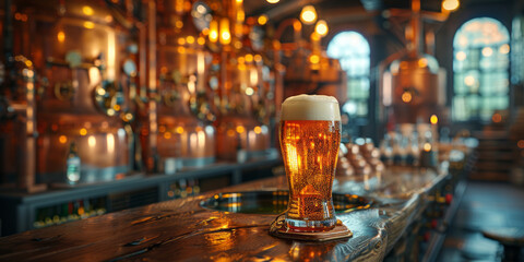 A modern brewery with copper tanks and pipes, in the foreground a bar with a large glass of beer in the middle of the frame.generative ai