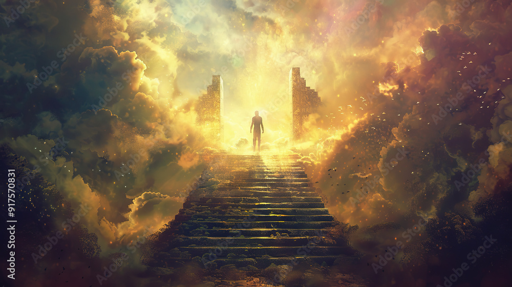 Poster a lone figure ascends a staircase leading to a radiant heavenly realm through a gateway in the cloud