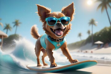 A happy dog wearing sunglasses rides a surfboard on a turquoise wave.