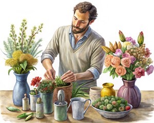 Fototapeta premium A man indoors carefully arranging flowers, trimming stems and placing them into a vase.