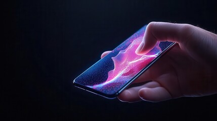 Close-up of finger touching a smartphone screen with glowing light particles.