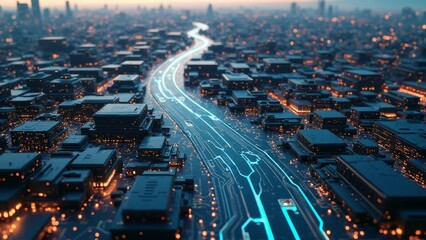 An aerial view of a futuristic city where the streets and buildings are made up of intricate circuit patterns. The cityscape glows with neon lights