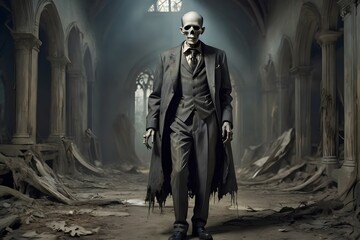 Naklejka premium A skeletal figure in a suit walks through a ruined church.