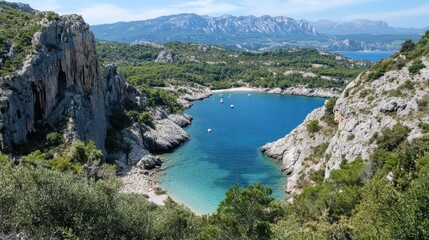 Fototapeta premium Secluded Cove with Crystal Clear Waters and Mountain Views