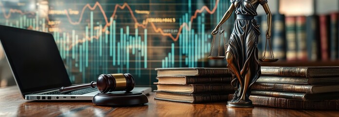 Close-up of law books, gavel, and laptop on a wooden desk in a modern office with a bar chart background, featuring a golden Lady Justice statue and copy space for legal marketing graphics

