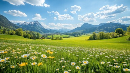 Fototapeta premium Alpine Meadow Landscape with Majestic Mountains and Sunny Sky