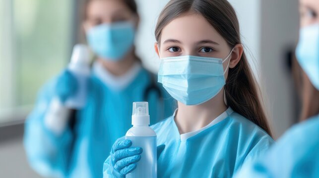 High school students wearing masks and using hand sanitizer, back to school, pandemic safety
