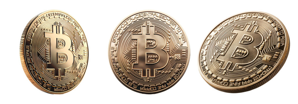 Bitcoin coins set isolated on transparent background with digital cryptocurrency symbols