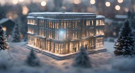 Miniature city in winter. Beautiful view of buildings covered in white snow.