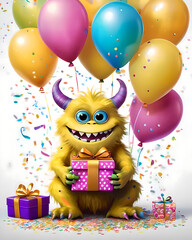 Cute monster with birthday gift. Birthday design. 