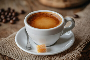 Obraz premium Freshly brewed Espresso in a white cup with golden crema on rustic table in an Italian cafe