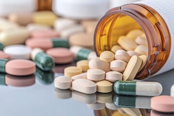 A collection of various pills and capsules arranged neatly on a reflective surface, showcasing different colors and shapes, with some pills spilling out of an open medicine bottle