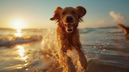 Golden Retriever Running Through Ocean Waves at Sunset