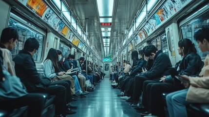 A crowded subway train, featuring passengers immersed in their devices during a daily commute.