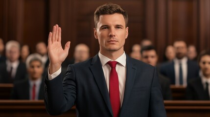 Detailed view of a witness on the stand, taking an oath, hand raised, courtroom filled with legal personnel, judge overseeing the proceedings, traditional courtroom decor
