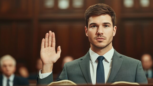 a witness at the stand, taking an oath, right hand raised, left hand on a Bible, intense expression, legal representatives seated nearby, courtroom architecture, solemn environment