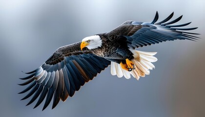 Obraz premium A majestic eagle soaring through the sky, showcasing its powerful wings and striking features in a breathtaking display.