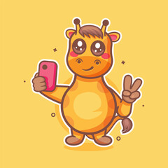 smiling giraffe animal character mascot taking a selfie with a smartphone isolated cartoon