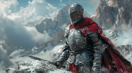 Fototapeta premium A fierce medieval knight in full armor grips a sword while standing in a snowy, rugged landscape. The image evokes themes of bravery, battle, and historical fantasy.