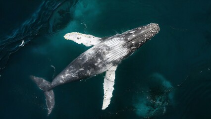 Fototapeta premium Humpback whale swimming in polluted ocean water with plastic debris. Environmental impact and marine pollution concept