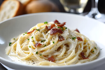 A plate of creamy carbonara. pasta with bacon and cheese on top