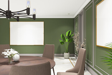 3d render of illustration interior design dining room of classic modern style with frame mock up. White marble floor, green wall and white ceiling. Set 99