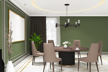 3d render of illustration interior design dining room of classic modern style with frame mock up. White marble floor, green wall and white ceiling. Set 100